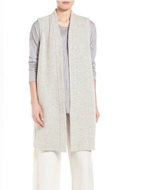 Eileen Fisher Open Front Tweed Long Vest in Light Oatmeal Size XS Quilt Luxury